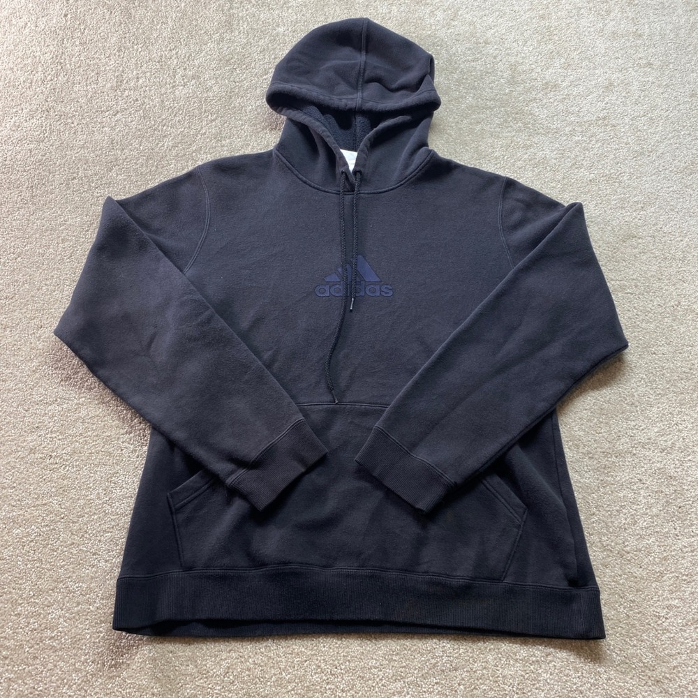 Adidas Sweatshirt Mens Large Black Front Pocket Classic Logo Hoodie Pullover